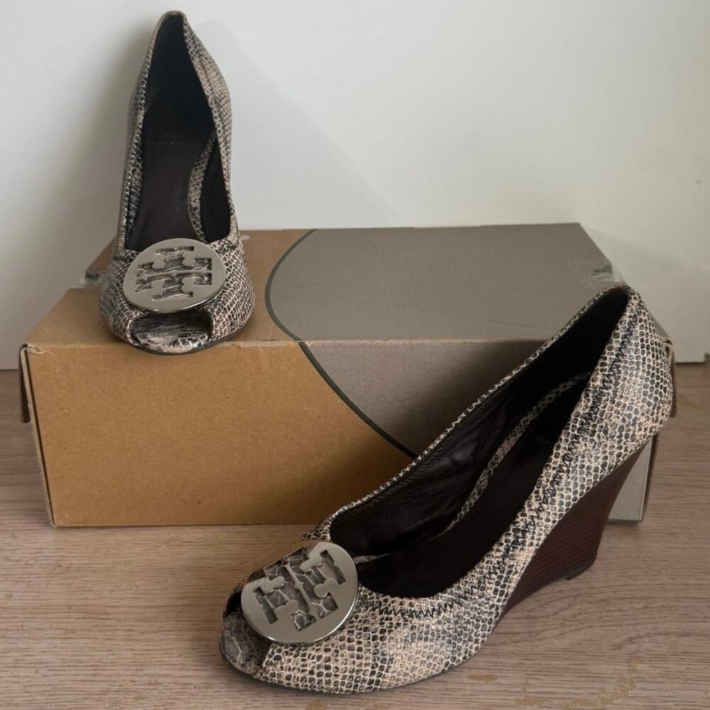 Tory Burch Julianne Python Embossed Leather Peep-… - image 1